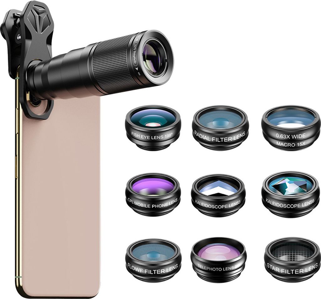 A smartphone with a telephoto lens attached, surrounded by various smaller camera lenses.