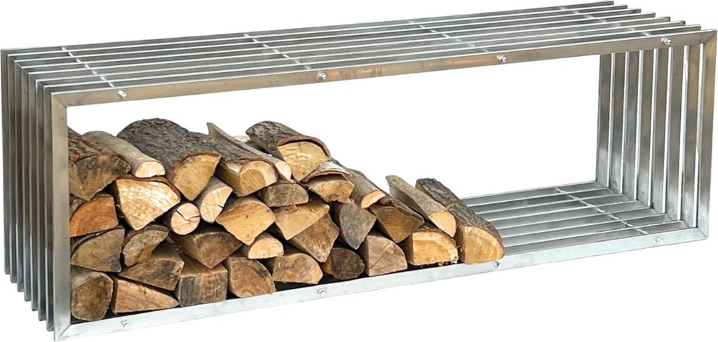 A metal firewood rack filled with logs, shown against a white background.