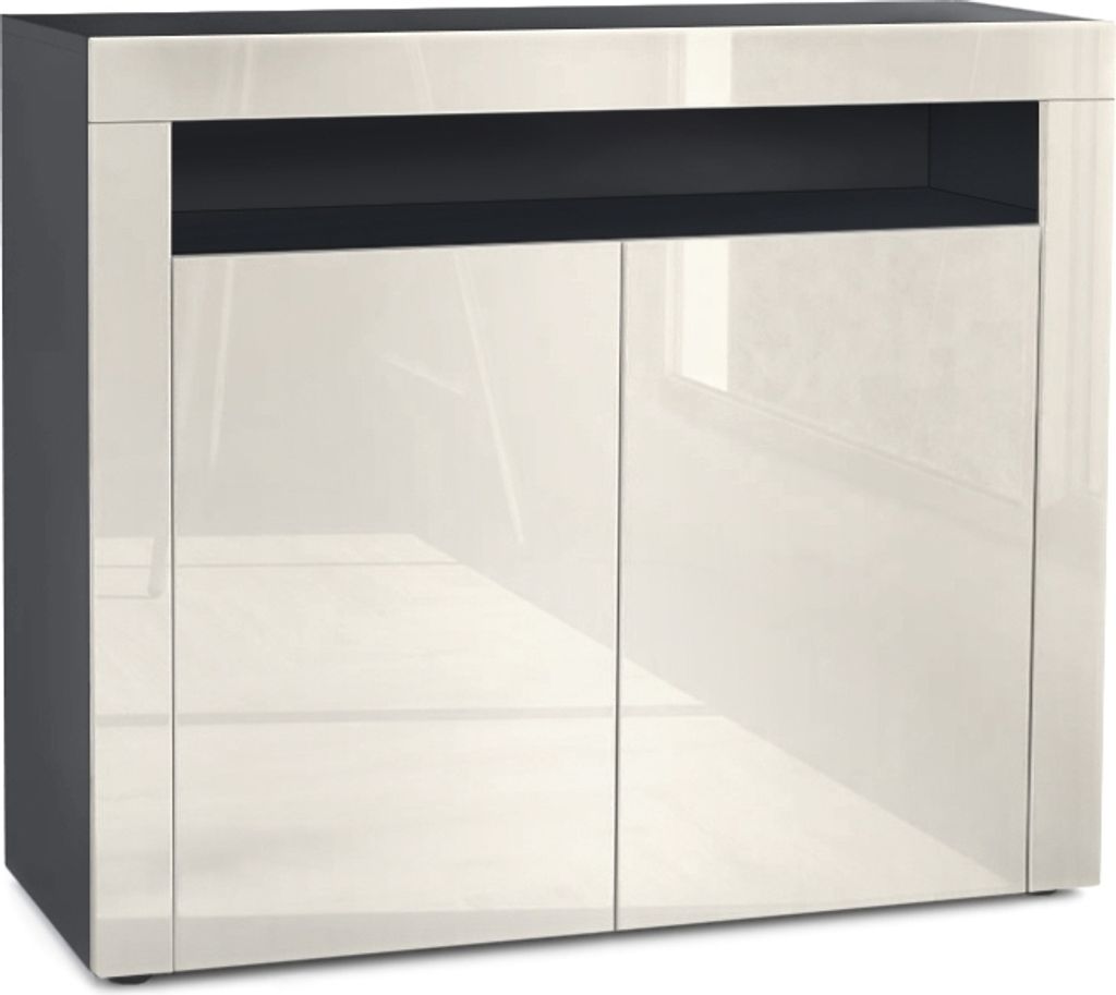 Vladon Kommode Valencia, Germany, Sideboard mit 2 Türen und 1 offenem Fach, Schwarz matt/Creme Hochglanz/Creme Hochglanz (108 x 92 x 40 cm)