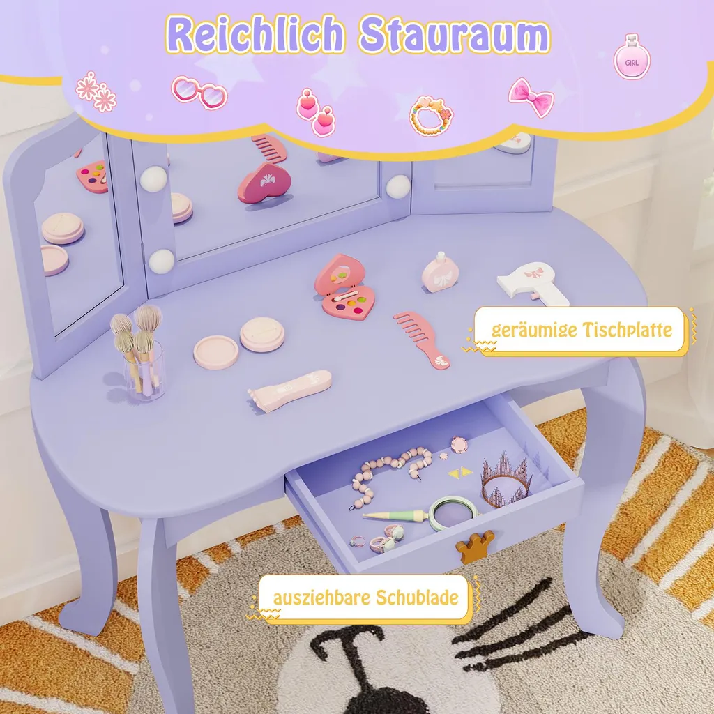 Table de Maquillage Enfant Violette avec Éclairage et Petit Tabouret - 5