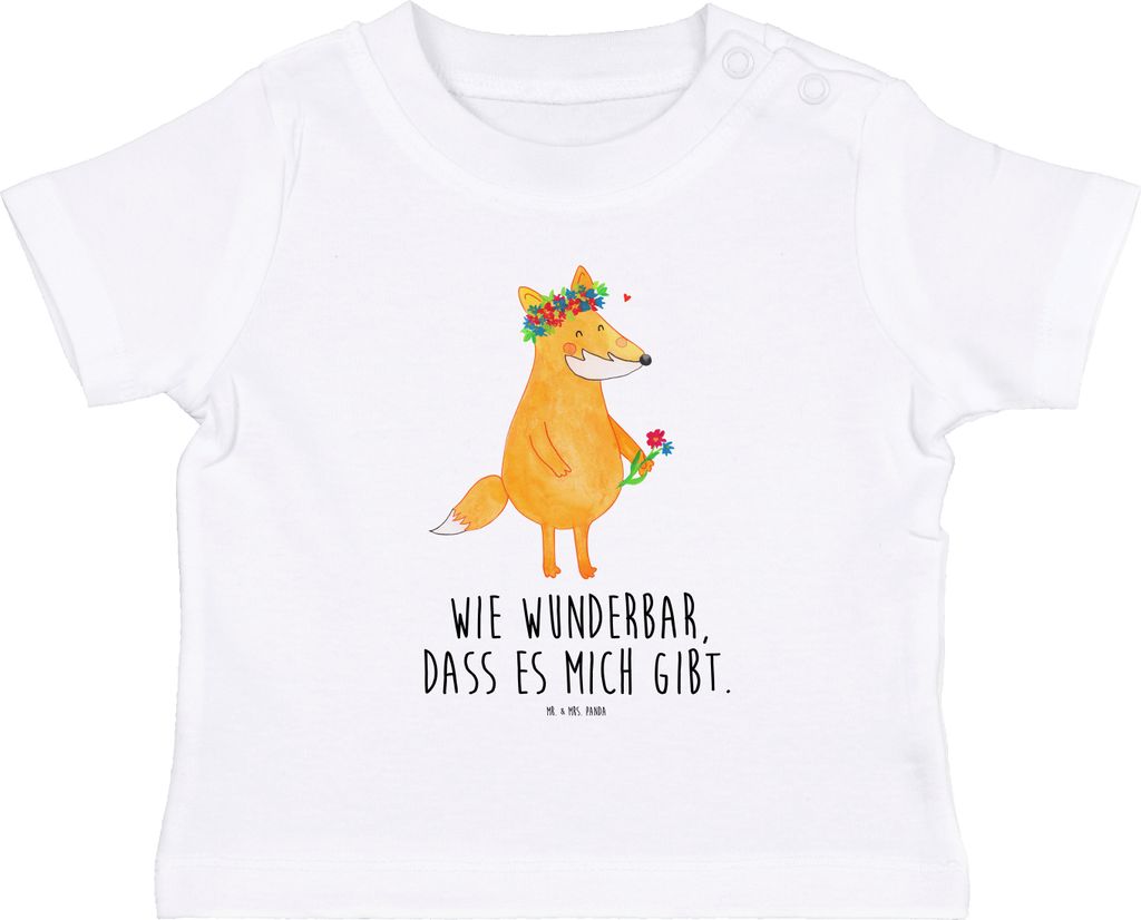 Mr. & Mrs. Panda Organic Baby Shirt Fuchs Blumen 6. - 12. Monat - Weiß - Geschenk, Fox, Boho, Jerseyshirt, Baumwolle, Ich, Selbstbewusst, T-Shirt,...