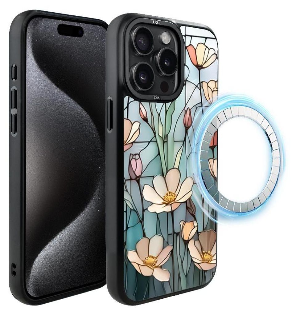 Schutzhülle für das iPhone 15 Pro Max, MagSafe-kompatibel, mattschwarze Seiten, Glasmalerei, Feldblumen