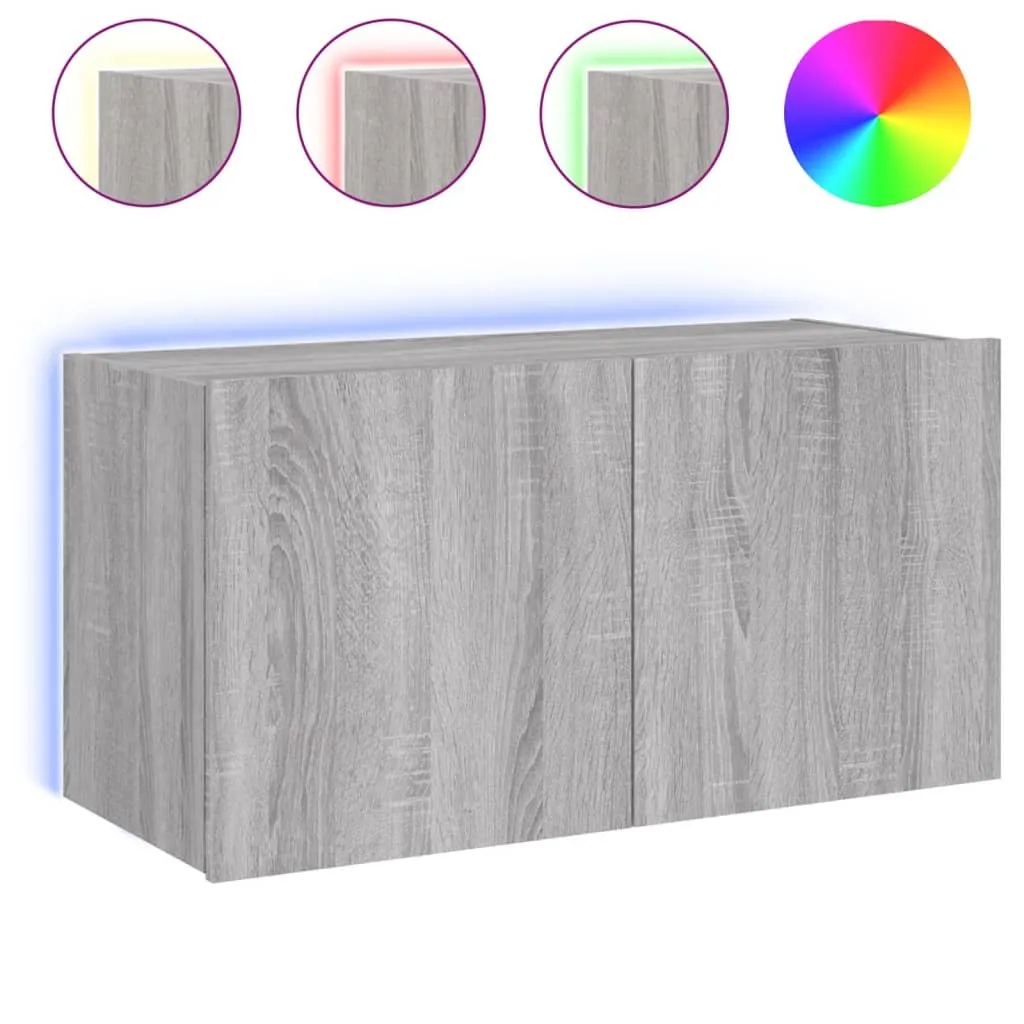 Banc TV suspendu Gris Sonoma avec éclairage LED intégré 80x35x41 cm