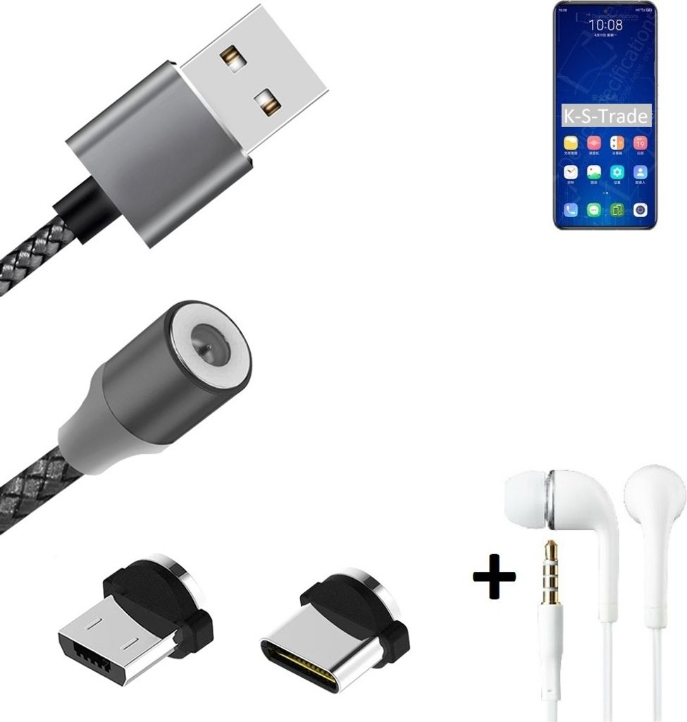 K-S-Trade Hochwertiges Magnet-Lade-kabel Sync-Kabel Daten-Kabel + Kopfhörer kompatibel mit ZTE Axon 31 5G mit USB-Typ-C-Anschluss und