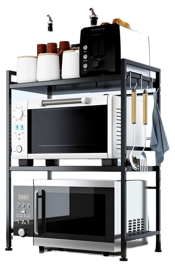 Verstellbarer Mikrowellenständer, Küchenregal – 3-stufige Kaffeebar mit Haken, platzsparende Ablage für Toaster und Küchenutensilien