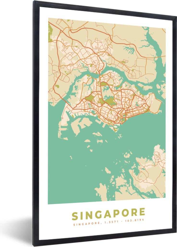 MuchoWow Gerahmtes Poster Singapur - Karte - Stadtplan - Vintage - Karte 40x60 cm - Poster mit Schwarzem Bilderrahmen Wandposter Rahmen Foto Bild...