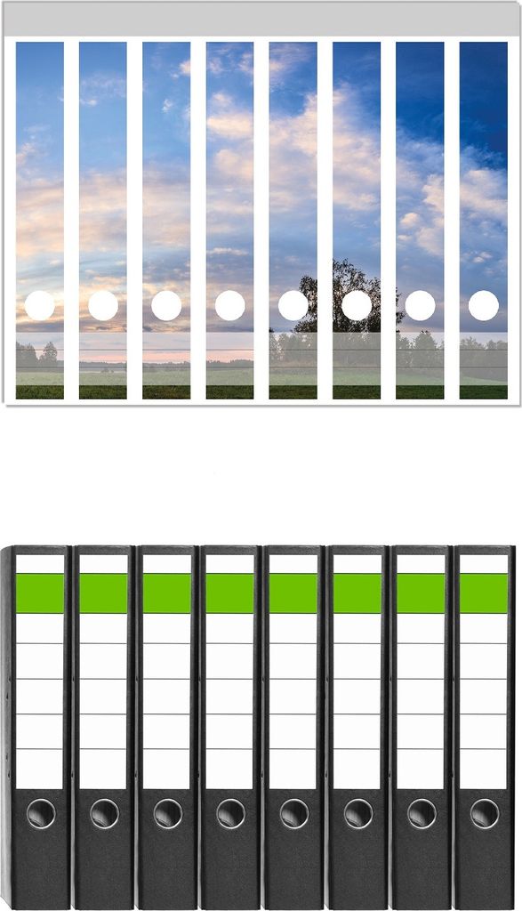 Wallario 8 Stück schmale Ordner inkl. Klebeetiketten mit Motive Morgenhimmel über Wäldern und Wiesen - Set mit Rückenschildern / Ordnerrücken...