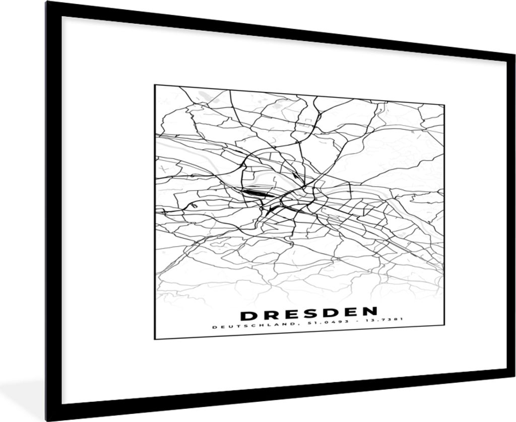 MuchoWow Gerahmtes Poster Karte - Dresden - Stadtplan 90x60 cm - Poster mit Schwarzem Bilderrahmen Wandposter Rahmen Foto Bilder - Wanddekoration...