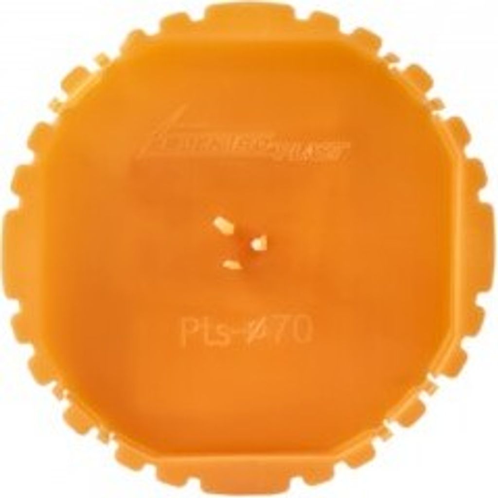 An orange circular lid with serrated edges and text on it, placed on a white background.