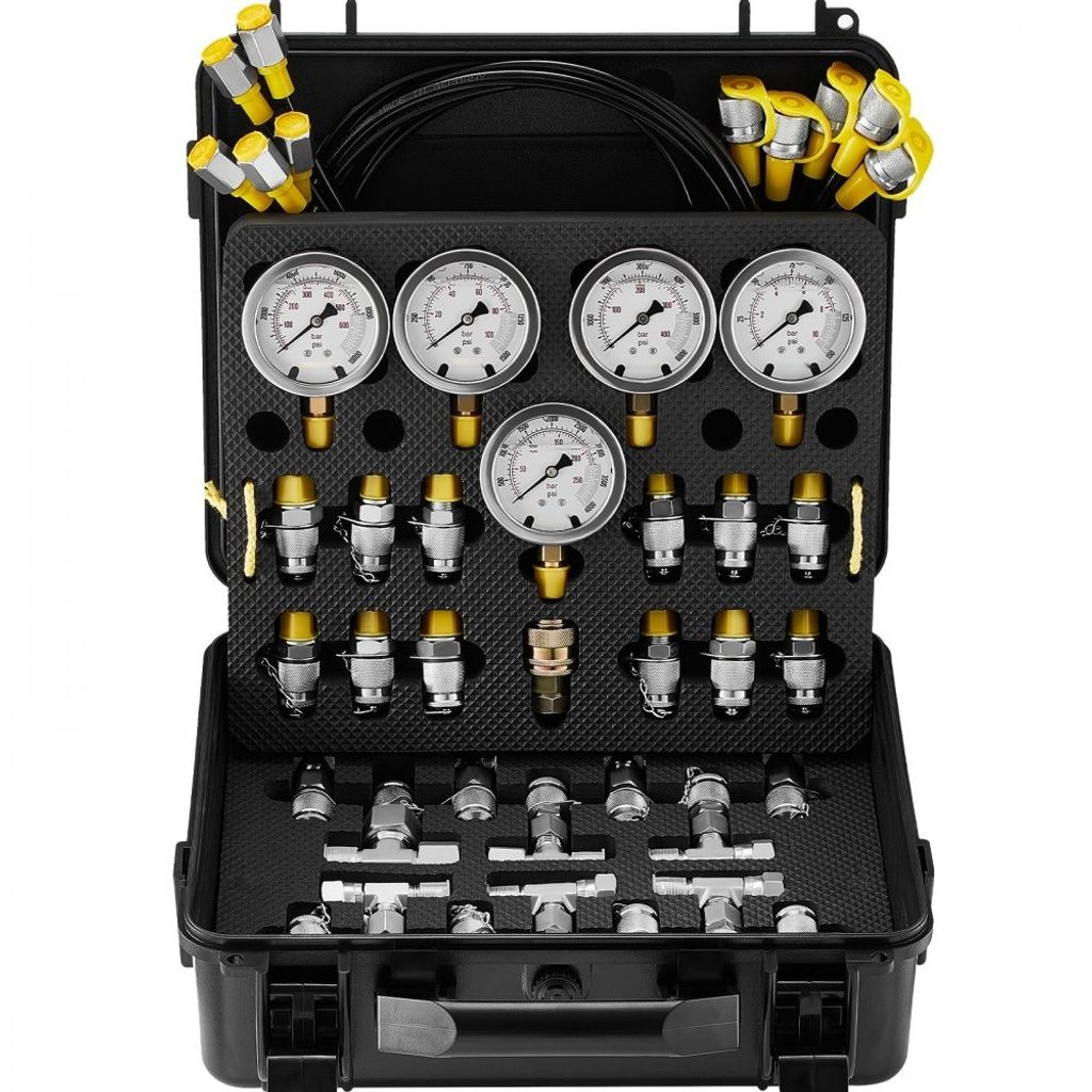 Hydraulikdruck-Testkit - 10/100/250/400/600 bar - 5 Messgeräte - 13 Kupplungen - 14 T-Anschlüsse - 5 Testschläuche - Bagger-Hydraulik-Testmanome...