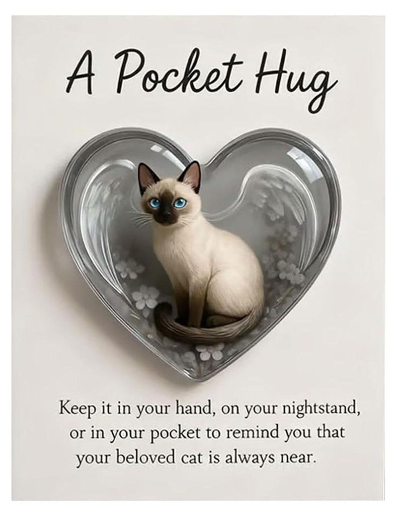 Katzen-Gedenk-Taschenumarmung mit inspirierender Karte – Emotionale Unterstützung – Herzförmiger Anhänger einer schlafenden Katze – Erinne...