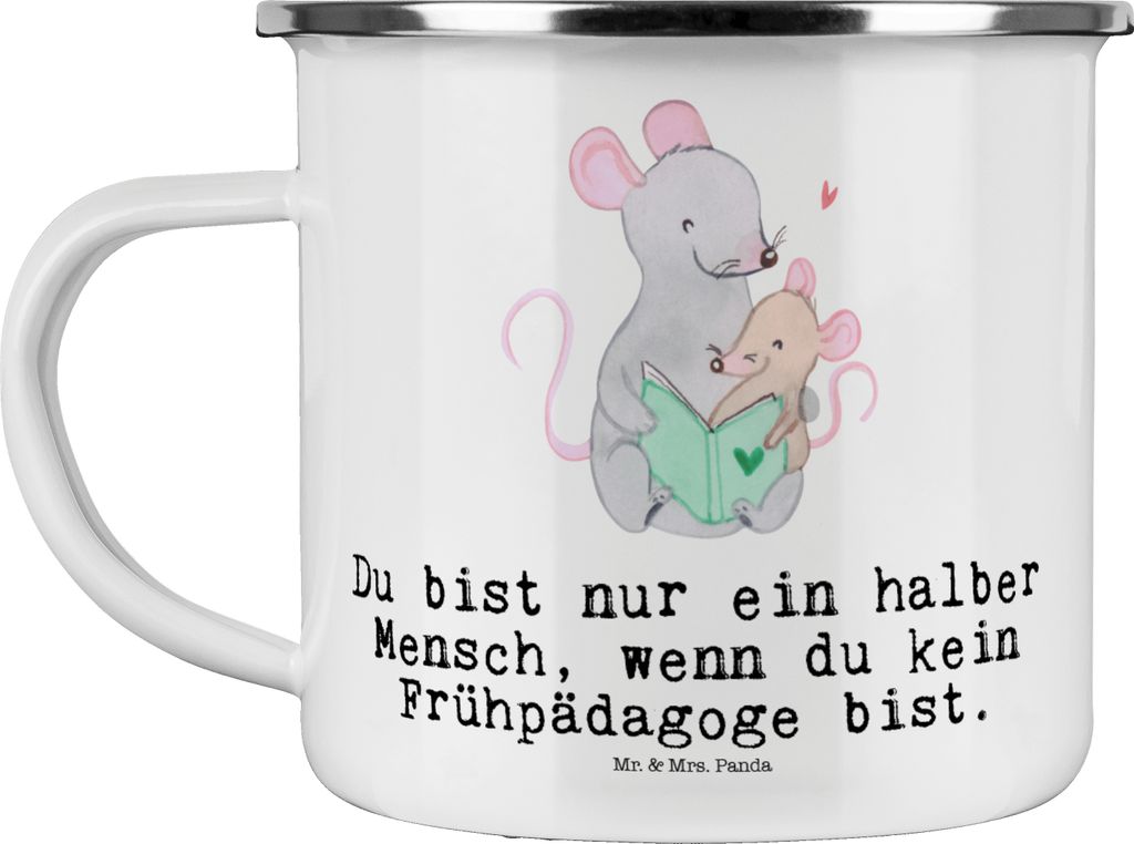 Mr. & Mrs. Panda Campingbecher Frühpädagoge Herz - Weiß - Geschenk, Studium, Lustig, Ausbildung, Spruch, Emaille Becher, Teetasse, Pott, Blechta...