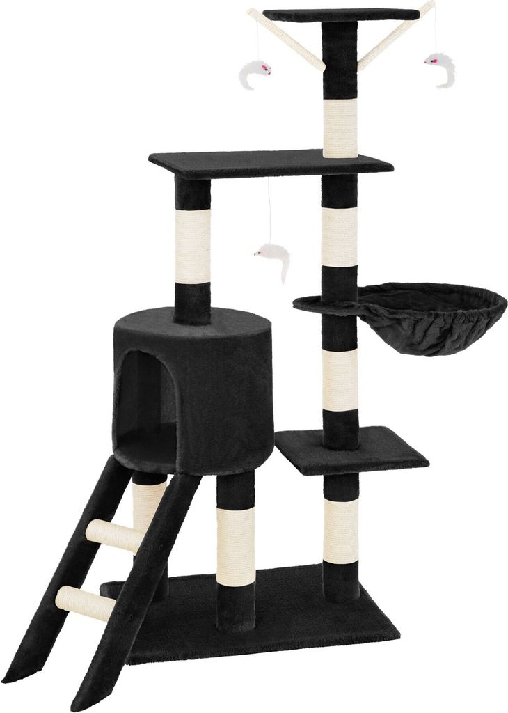 A black and cream cat tree with multiple levels, a hammock, a hideaway, and toys, presented against a white background.