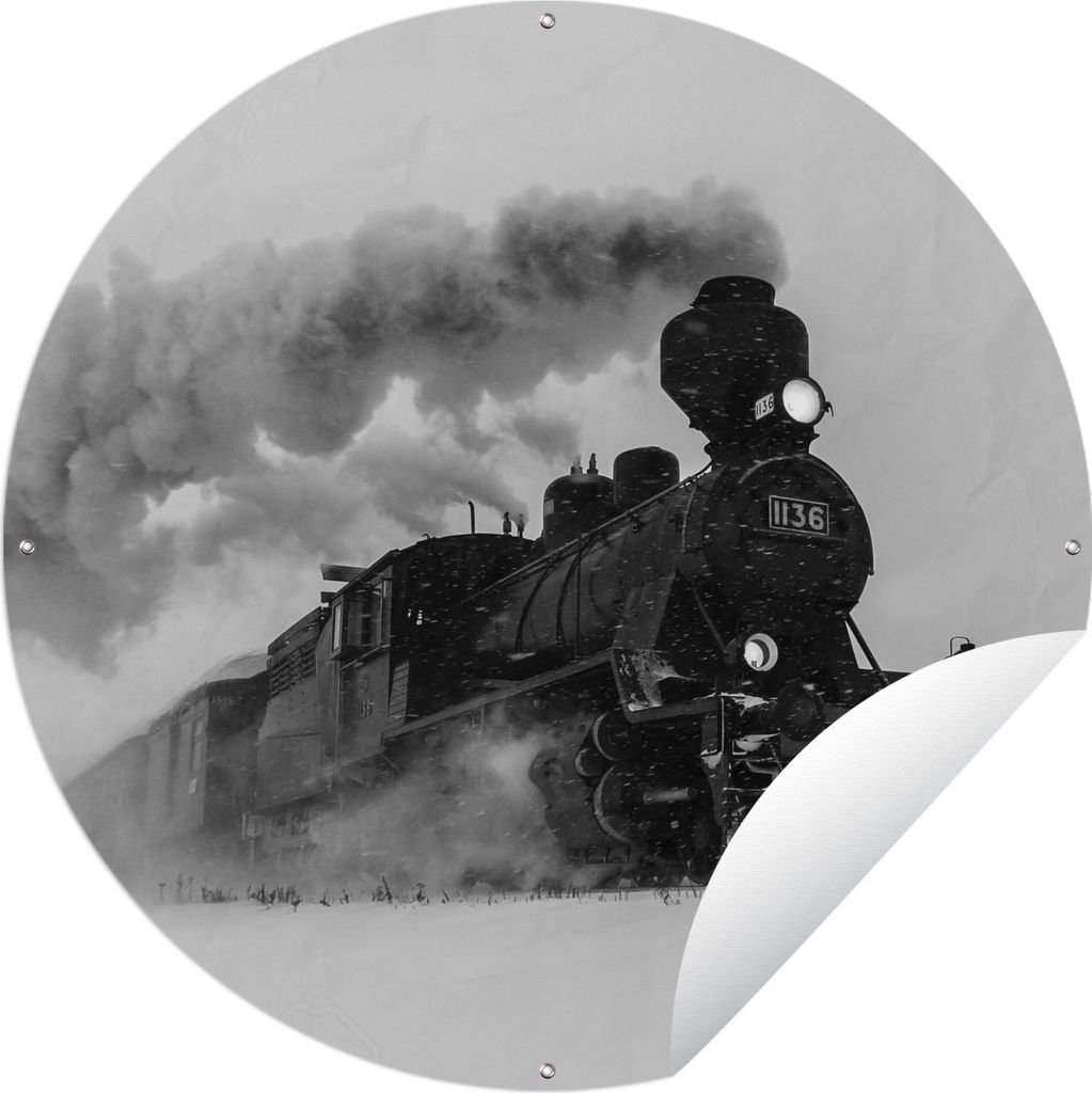 MuchoWow Gartenposter Outdoor-Poster Rund Dampflokomotive im Schnee - schwarzes und weißes Quadrat Ø 120 cm Gartendeko Rundes Poster draußen