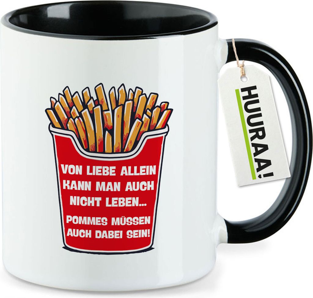 Huuraa Kaffeetasse Liebe allein nicht Pommes dabei 330ml Schwarz Keramik Kaffeebecher Geschenkidee
