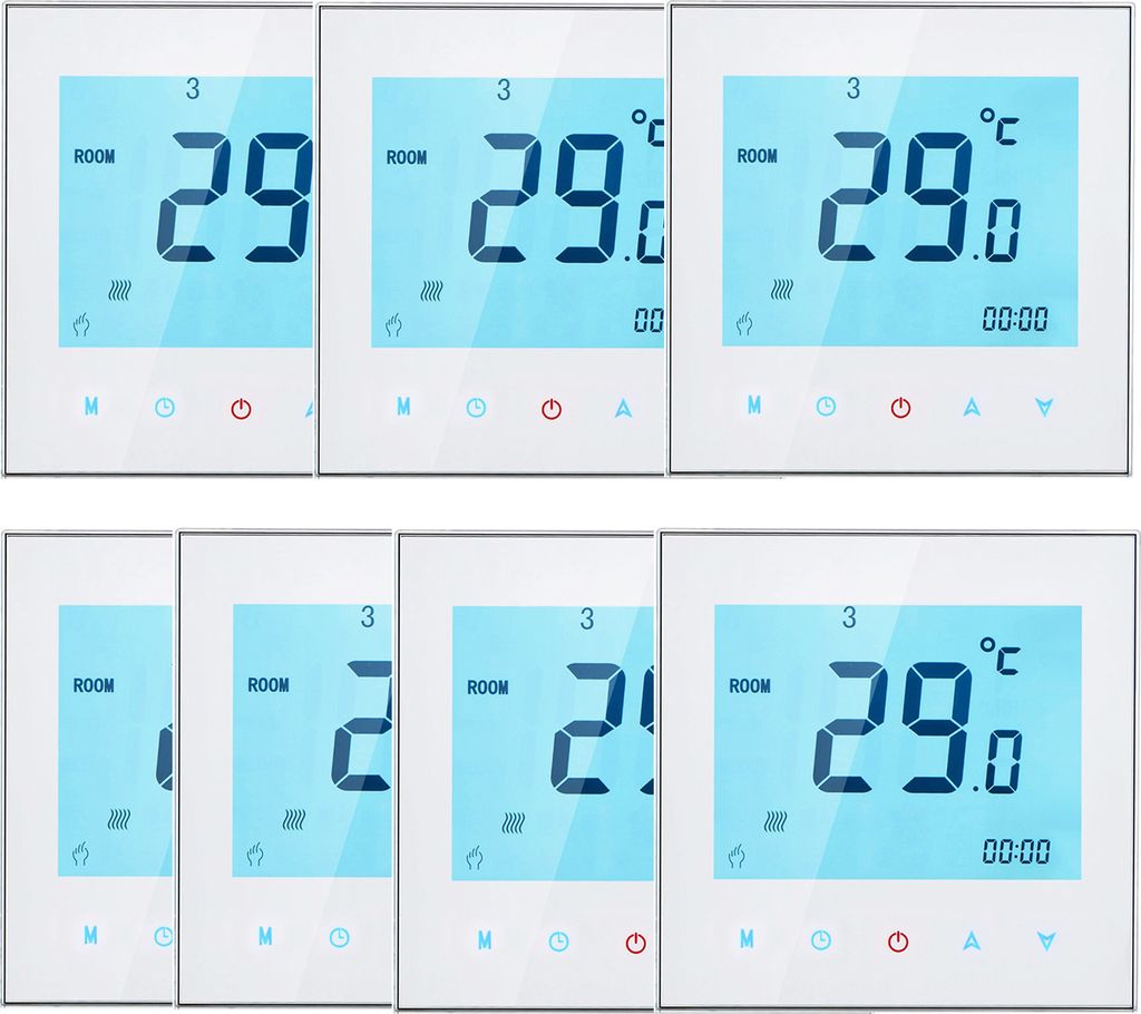 A collage of digital thermostats displaying room temperature.
