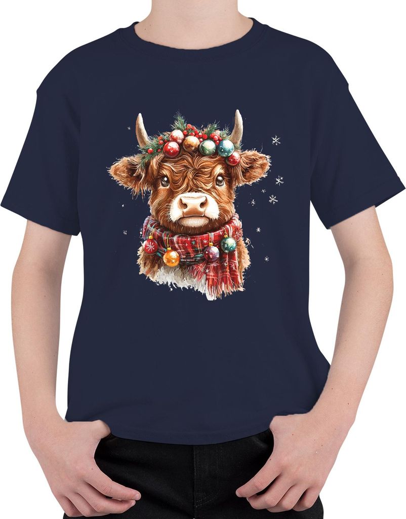 Highland Kuh Weihnachtskranz Weihnachtskugeln Schal Schneeflocken Uni Kinder T-Shirt, Navy, 116