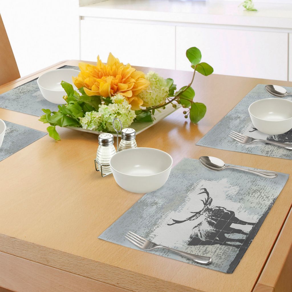 ABAKUHAUS Geweih Platzmatten, Stehender Hirsch-Schattenbild-Schmutz-Art-Hintergrund-Schatten-einfarbige Illustration, Tiscjdeco aus Farbfesten Stof...