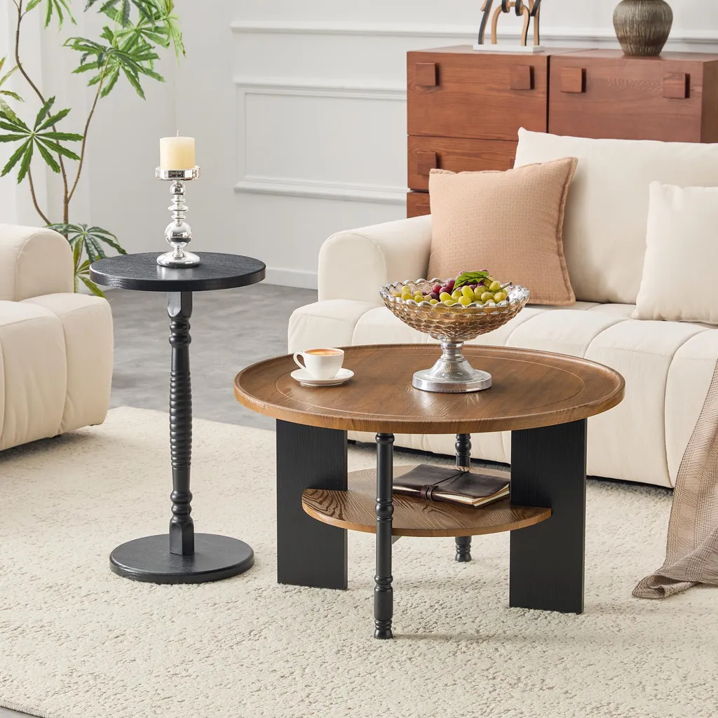 Table basse ronde 80cm avec rangement et table d'appoint en bois - 2
