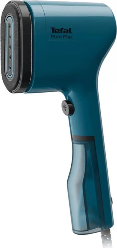 A Teal colored handheld garment steamer on a white background.