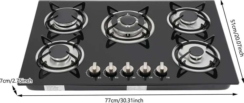 Plaque de cuisson gaz naturel 5 brûleurs encastrable en verre trempé noir