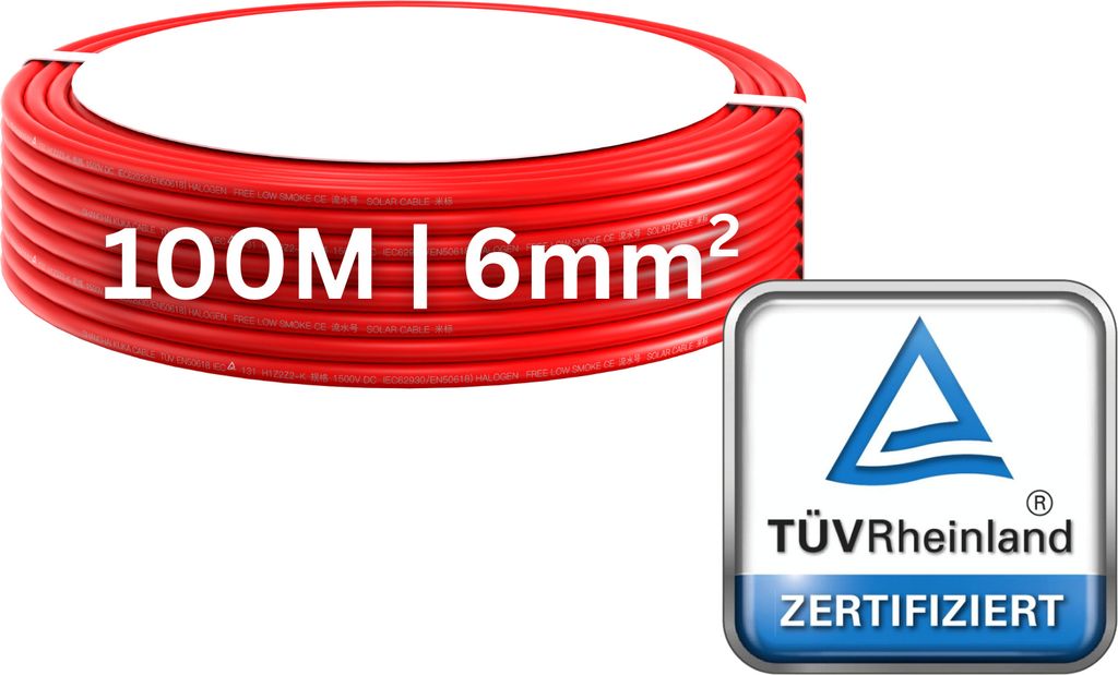 100m Solarkabel Verlängerungskabel für PV-Anlagen 6mm2 Rot