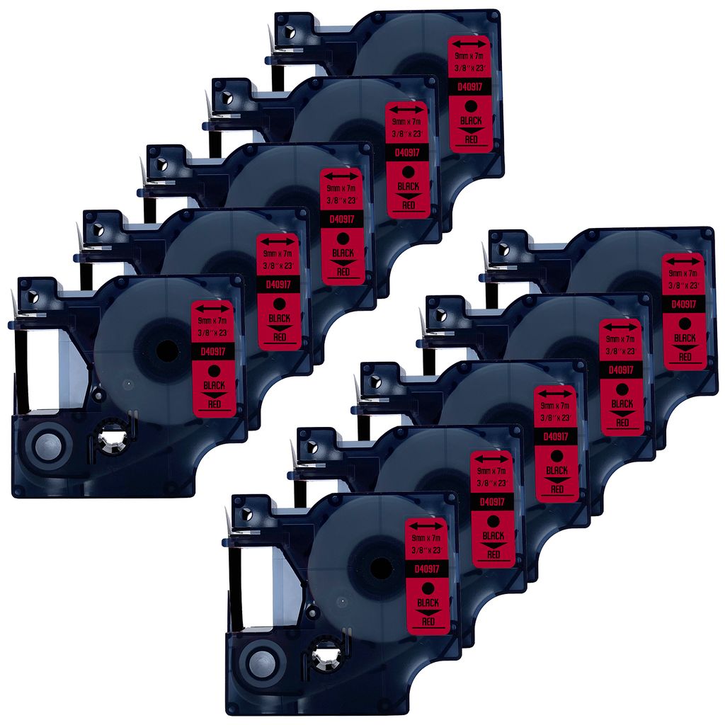 DULA Etikettenband - Kompatibel mit Dymo D1 40917 - 10 Stück - Schwarz auf rot - 9mm x 7m