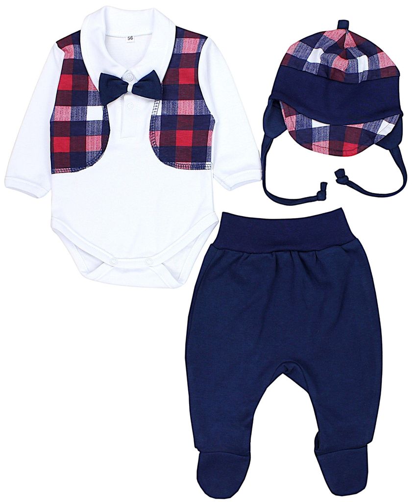 TupTam Baby Kleidung Set Body Strampelhose Mütze Bekleidungsset Jungen Mädchen, Farbe: Dunkelblau / Fliege / Kariert, Größe: 62