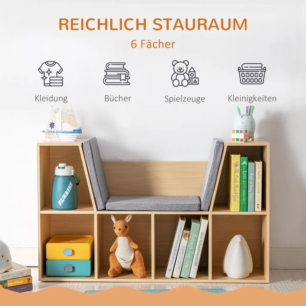Meuble de Rangement Enfant avec 6 Compartiments et 3 Coussins de Banc