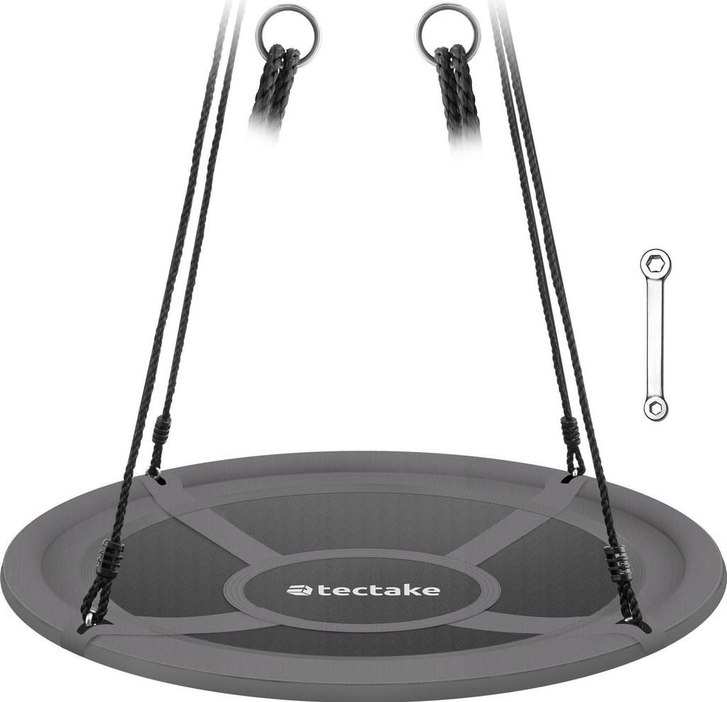 A product image of a round swing seat with ropes and hanging rings, along with a small wrench tool.