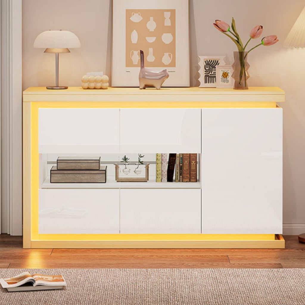 Wohnzimmerschrank mit LED-Lichtleiste Aufbewahrungsschrank Sideboard für Flure, Wohnzimmer, Büros 140*40*84cm Weiß+Natural Wood