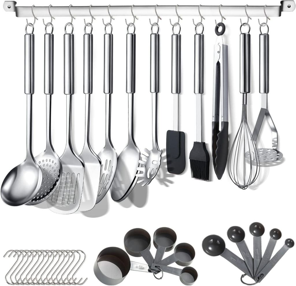 Küchenutensilien-Set, 38-teilig, Edelstahl-Kochgeschirrset, Küchenutensilien mit Utensilienhalter und Aufhängehaken, spülmaschinenfest