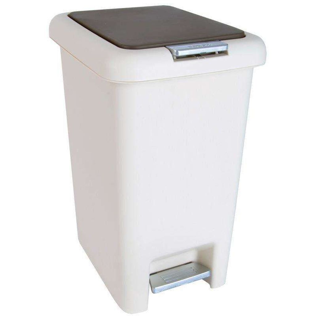 A white pedal bin with a gray lid and a silver pedal, shown against a white background.