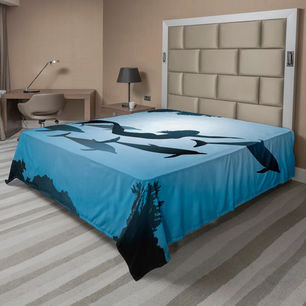 Drap plat Abakuhaus motif sirène et dauphin bleu 244 x 205 cm