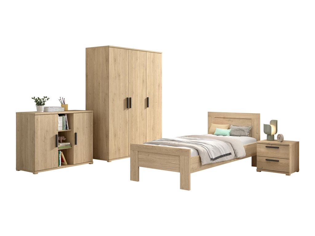 VIPACK - SAM Artikel-Set 4-tlg. best aus, Einzelbett , Nachtkonsole, Kleiderschrank 3-trg., Kommode mit 2 Türen, Eiche Melamin Nachbildung