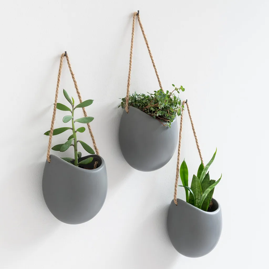 Pot de Fleurs Mural en Céramique Ellie - Set de 3 Jardinières Grises