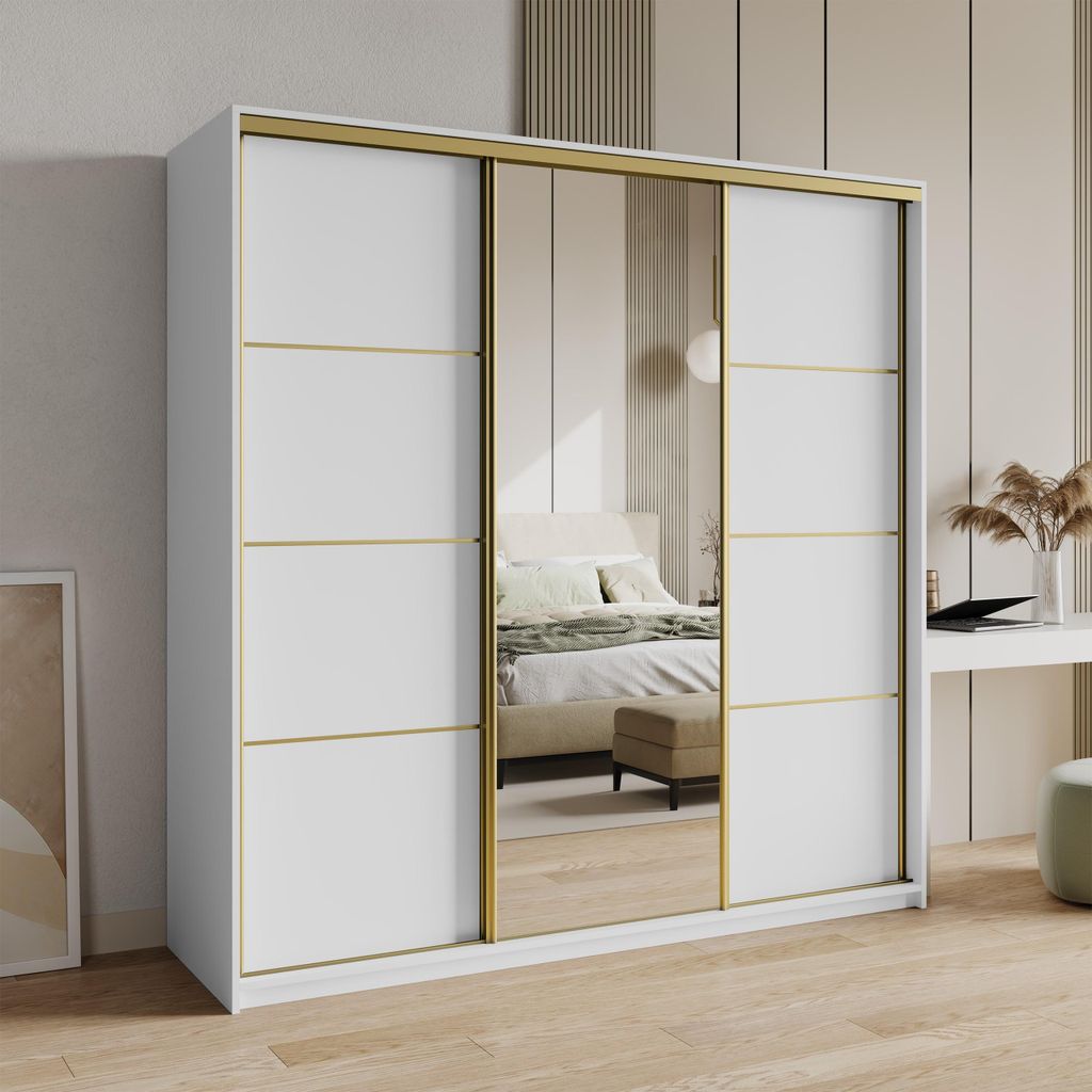 Masseno Schiebetürenschrank VARO 180/205/60 cm Kleiderschrank mit 4 Schubladen Schlafzimmer Schrank 3-türig mit Spiegel Weiß