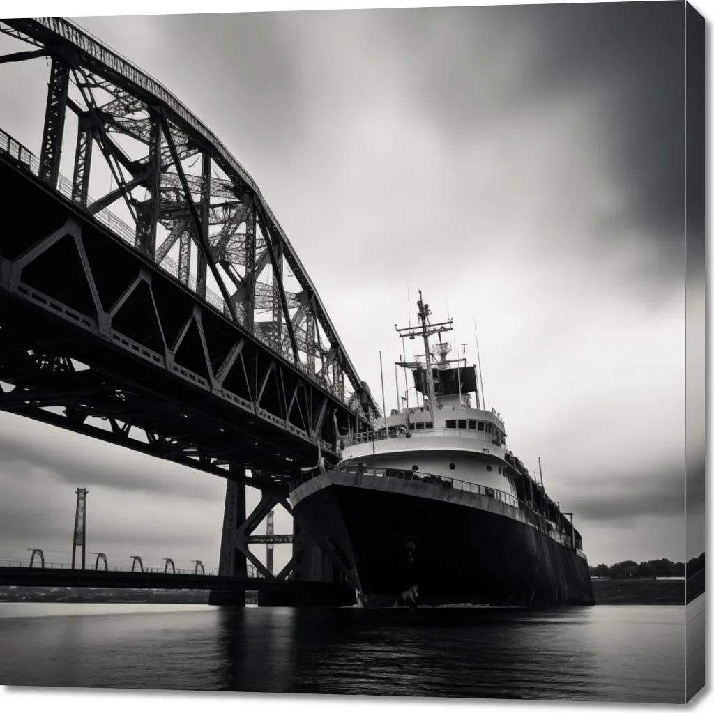 Quadro 100x100 cm Nave presso il Ponte - Tela Moderna Mare in Vendita