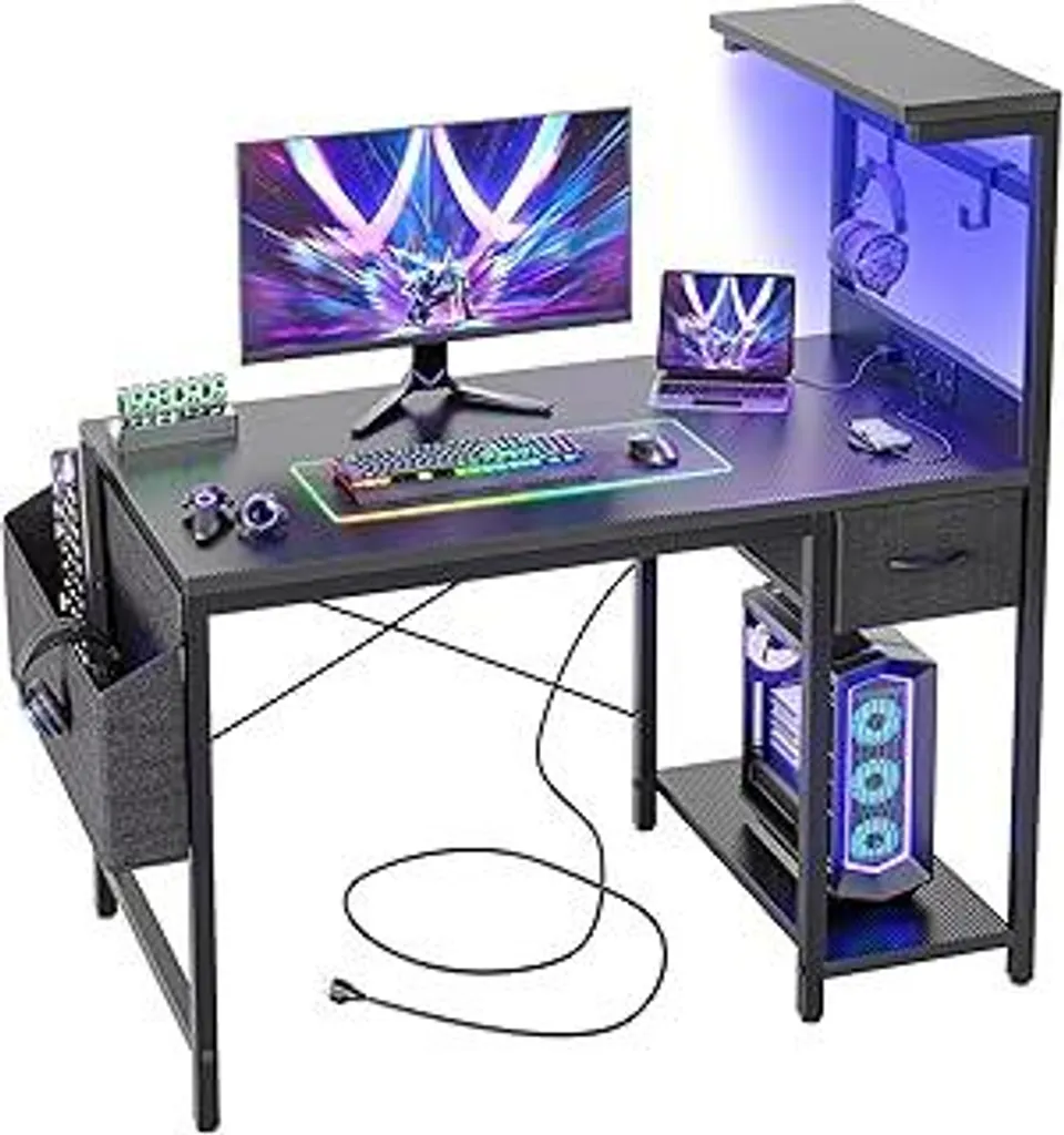 BEXEVUE Scrivania LED 100x50 cm con piano in fibra di carbonio, tavolo da gioco con cassetto, borsa e 2 ganci per cuffie, scrivania per computer con prese elettriche, nero