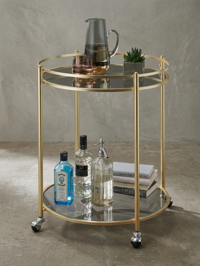 Design Servierwagen Gold Ø 57 cm Beistelltisch, Teewagen Metall mit Rollen, Küchenwagen mit Glasplatten, Barwagen Rund 75 cm hoch, Küchentrolley...