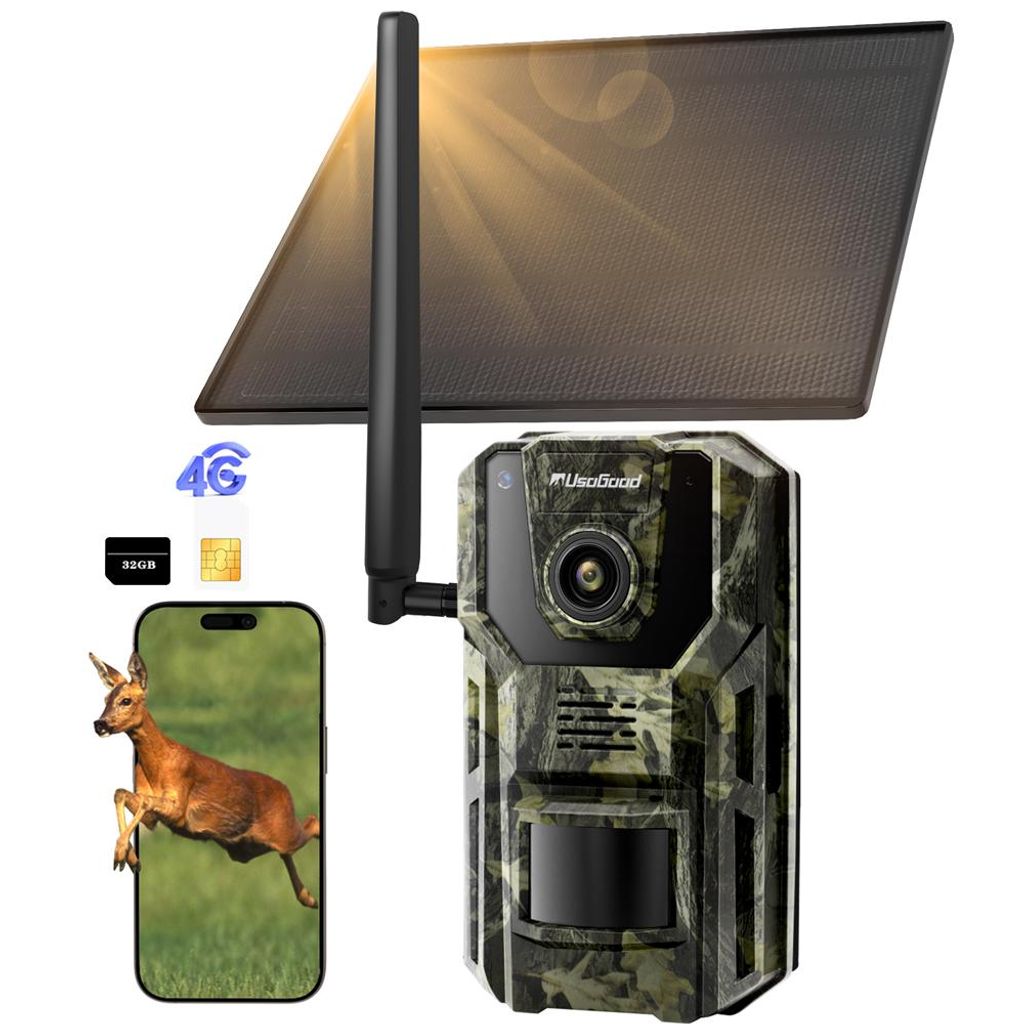 Usogood 4G LTE Wildkamera mit SIM Karte Solar, 2K Video Wildtierkamera mit Handyübertragung APP, GPS, 32GB Speicherkarte