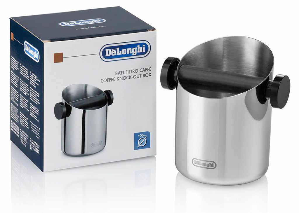 A product shot of a DeLonghi coffee knock box next to its packaging.