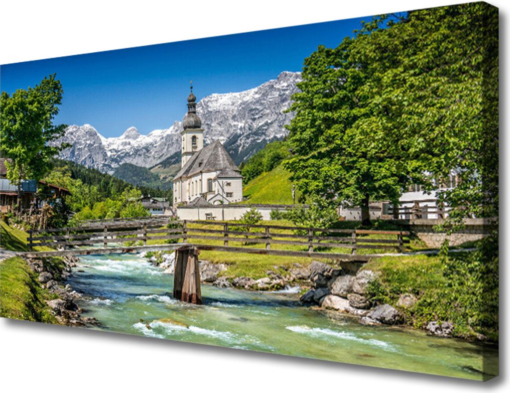 Tulup Leinwand-Bilder 100x50 Wandbild Canvas Kunstdruck Kirche Brücke See Natur