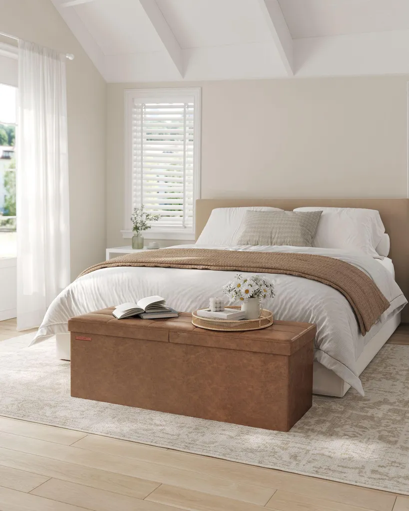 Banc pliant 120 litres 38 x 110 x 38 cm brun café en simili cuir chic