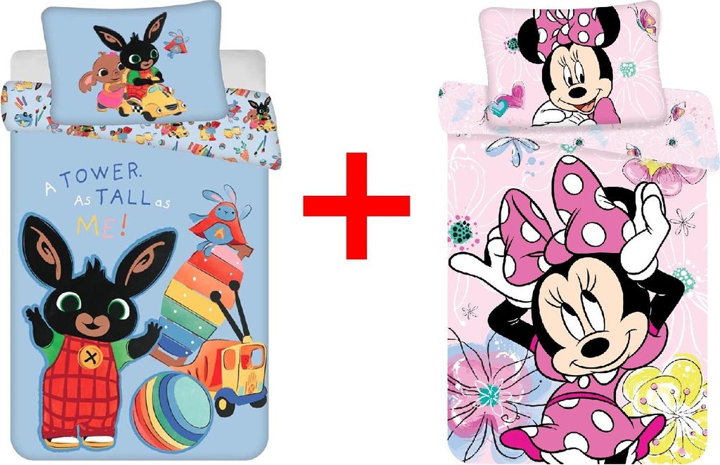 Kinderbettwäsche Bing Bunny und Minnie Maus 100 x 135 Bettdecke + 40 x 60 cm Kopfkissen, 100% Baumwolle für Babys, Kinder, Geschenk-Set