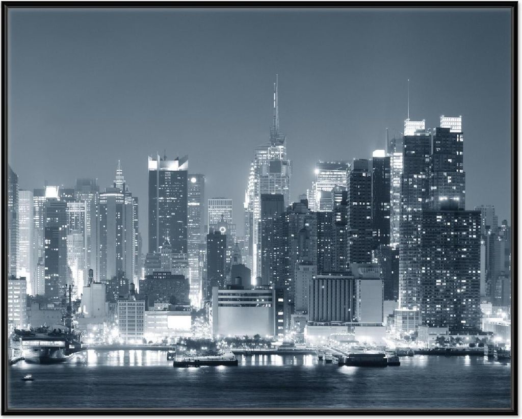Wallario Wandbild New York Skyline - Schwarz Weiß Blau, Größe: 40,30 x 50,30 cm, Poster mit schwarzem Aluminiumrahmen