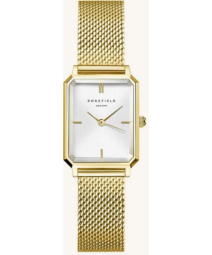 A gold Rosefield watch with a white face and a mesh band, photographed against a white background.