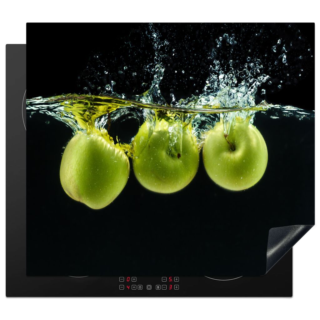 KitchenYeah Herdabdeckplatte Äpfel - Obst - Wasser - Schwarz - Grün , 59x52cm, Küche Deko, Glaskeramikkochfeld Herdabdeckung, Abdeckplatte fù...