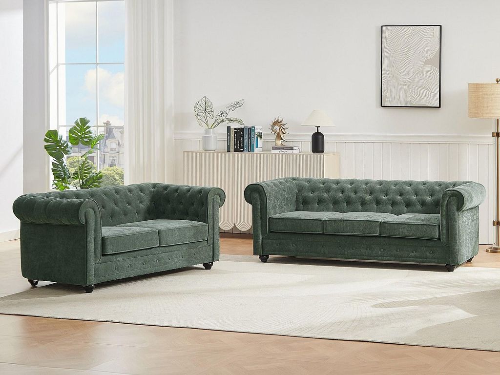 CHESTERFIELD 3-Sitzer und 2-Sitzer Sofa in grünem Stoff