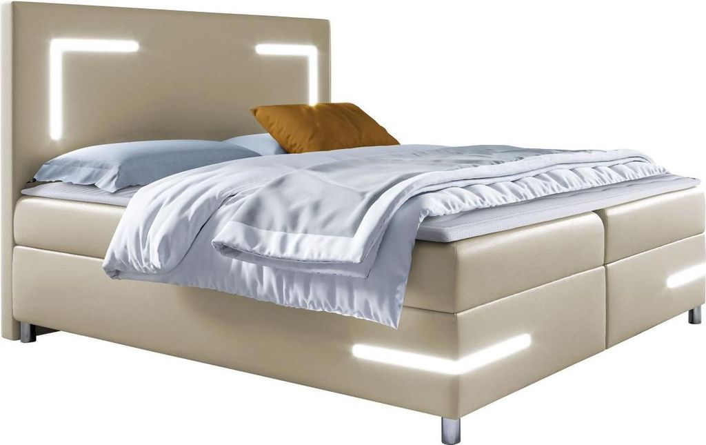 MIRJAN24 Boxspringbett Delos LED, Ehebett mit Hauptmatratze, Topper und LED-Beleuchtung, zwei Bettkästen (Soft 033, Größe: 200x200 cm)